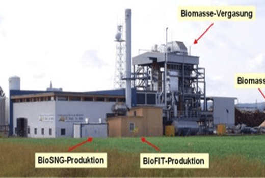 Biomasse-Heizkraftwerk Güssing mit den beiden Versuchsanlagen zur BioSNG-Erzeugung (Synthetisches Erdgas) und BioFiT (Flüssige Kraftstoffe)