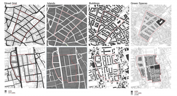 Unterschiedliche Erscheingungsformen der urbanen Morphologie, abhängig davon, was wir hervorheben (Straßennetz, Block-Inseln, Bauwerke, Grünraum)