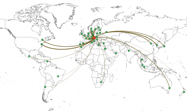 Weltkarten Darstellung mit den internationalen Kooperationen Österreichs im Rahmen der IEA Technology Collaboration Programs. Die Linienstärke spiegelt die Anzahl der TCP-Aktivitäten wieder, in denen Österreich mit dem betreffenden Land kooperiert.
