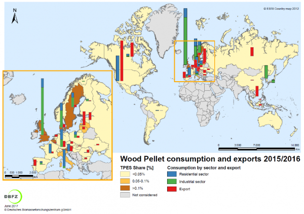 Relevanter Pelletskonsum und –export. Quelle:  Thrän et al., 2018