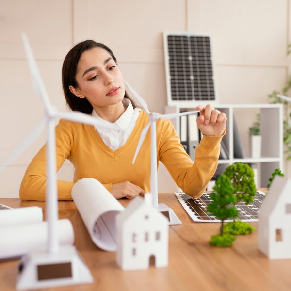 Frau auf dem Schreibtisch mit Modellen von Solarpanelen, Windrad, Gebäude