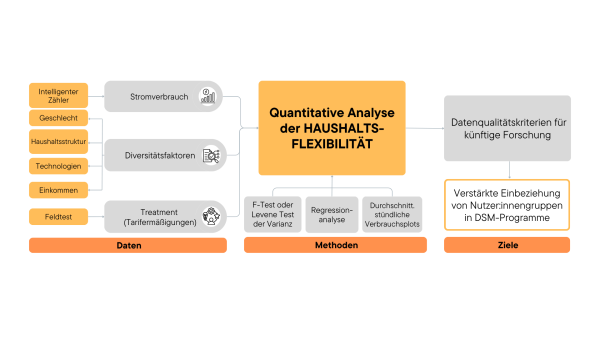 Die Grafik bietet einen Überblick zur Vorgehensweise bei der quantitativen Analyse von Haushaltsflexibilität und den daraus abgeleiteten Schlussfolgerungen. Der über intelligente Zähler erfasste Stromverbrauch wurde gemeinsam mit Diversitätsdimensionen und assoziierten Aspekten wie Geschlecht, Haushaltsstruktur, Einkommen und vorhandene Technologien erhoben und im Rahmen von Feldtests eingesetzte Treatments wie Tarifermäßigungen bei Spitzenlastreduktion im Datensatz festgehalten. Über quantitative Methoden wie F-Test oder Levene Test der Varianz, Regressionsanalyse und Plots des durchschnittlichen Verbrauchs wurden Einblicke in die Verbrauchsmuster gewonnen und diversitätsspezifische Unterschiede abgeleitet. Darauf aufbauend wurden Datenqualitätskriterien für künftige Forschungen formuliert und die verstärkte Einbeziehung unterschiedlicher Nutzer:innengruppen in DSM-Programme empfohlen.