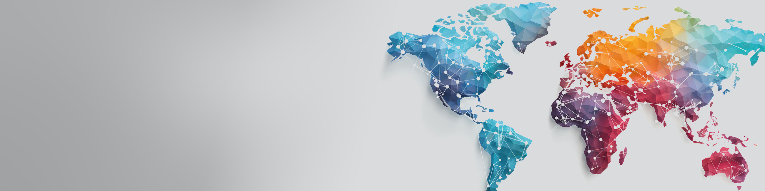 Bunte Weltkarte mit Linien und Punkten, die ein Netzwerk symbolisieren