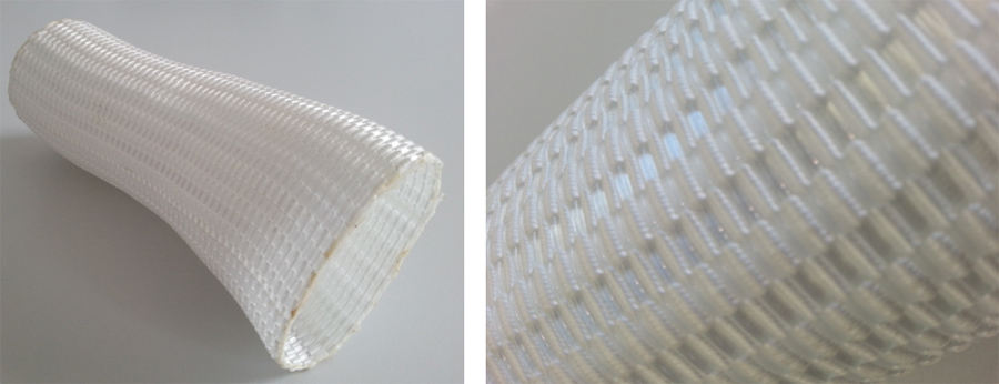 Links: Prototyp eines Gewebeschlauches für den Ansaugbereich der Fa. Thöni; Rechtes Bild: Detailaufnahme des Gewebeschlauches