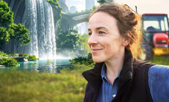 Im Vordergrund ist eine Frau, dahinter ist eine grüne Landschaft mit Bäumen, einem Fluss und einem Wasserfall, eine Brücke sowie ein Traktor.