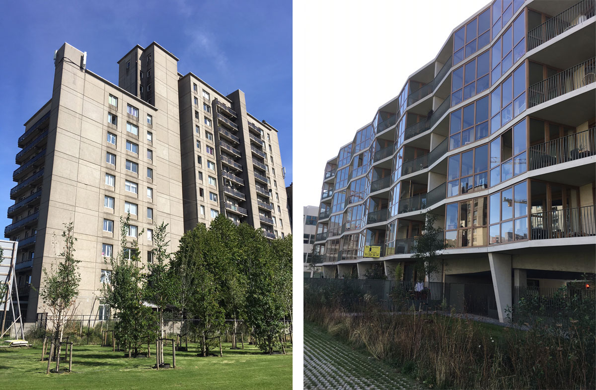 Links: Gebäude, das abgerissen wird; rechts: neu zu beziehendes Gebäude (© ÖGUT)