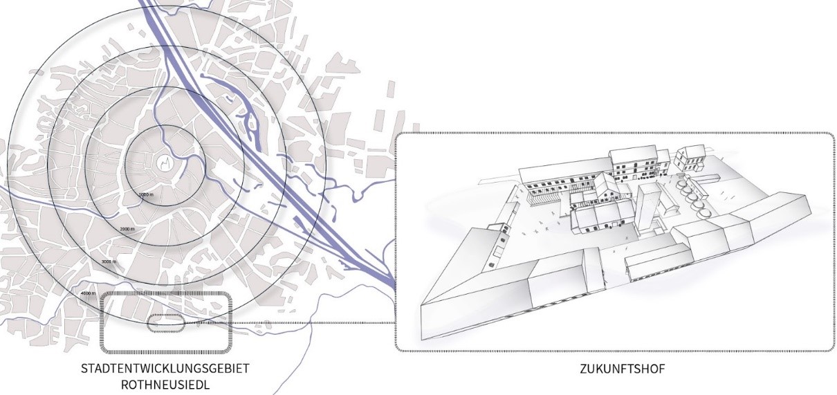 Stadtentwicklungsgebiet Rothneusiedl und Grafische Darstellung vom Gebäudekomplex Zukunfthof